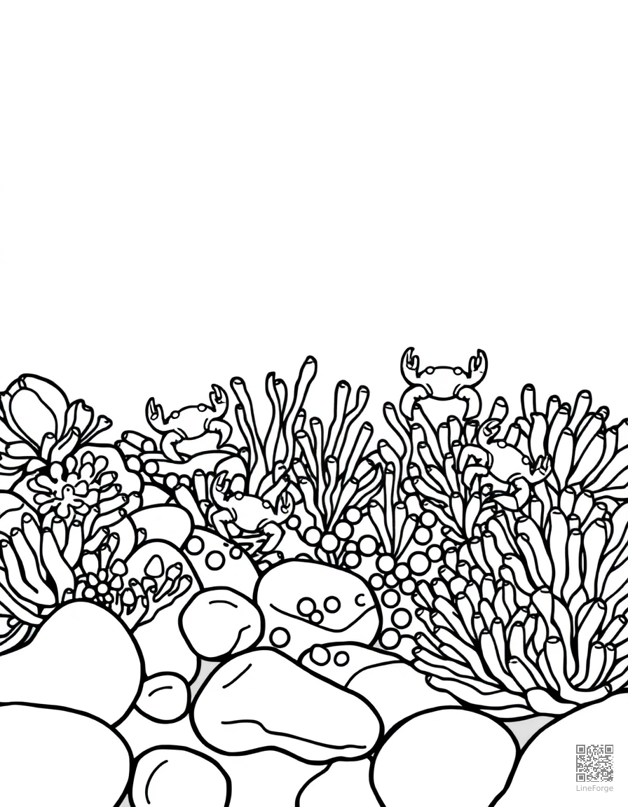 tide pool with tiny crabs and anemones coloring page Contour style - free printable