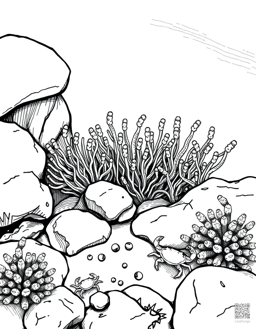 tide pool with tiny crabs and anemones coloring page Crosshatch style - free printable