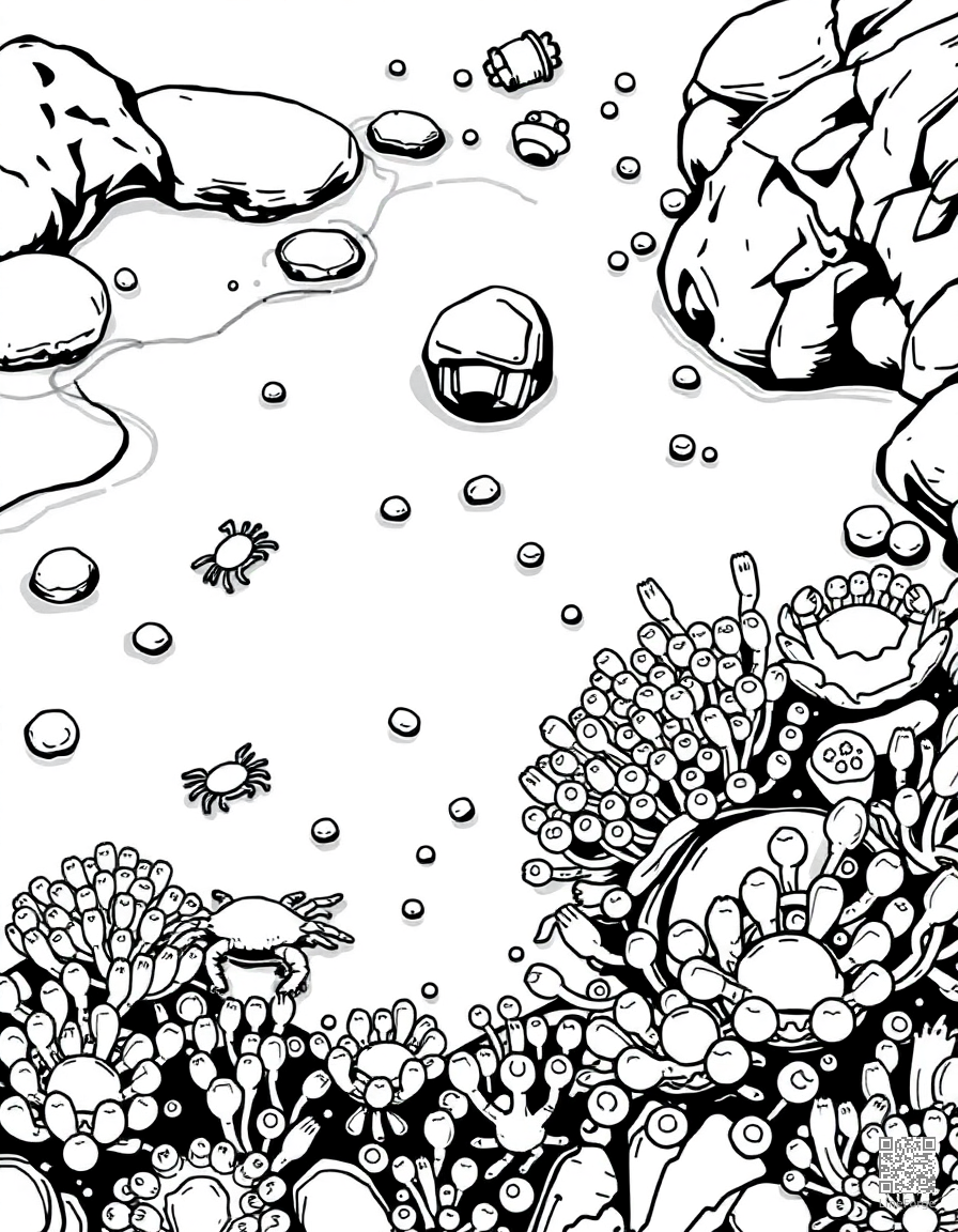 tide pool with tiny crabs and anemones coloring page Manga style - free printable