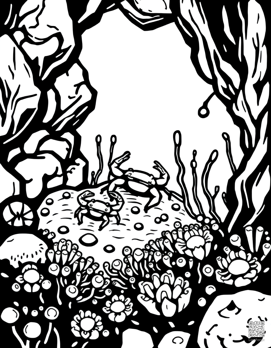 tide pool with tiny crabs and anemones coloring page Woodcut style - free printable