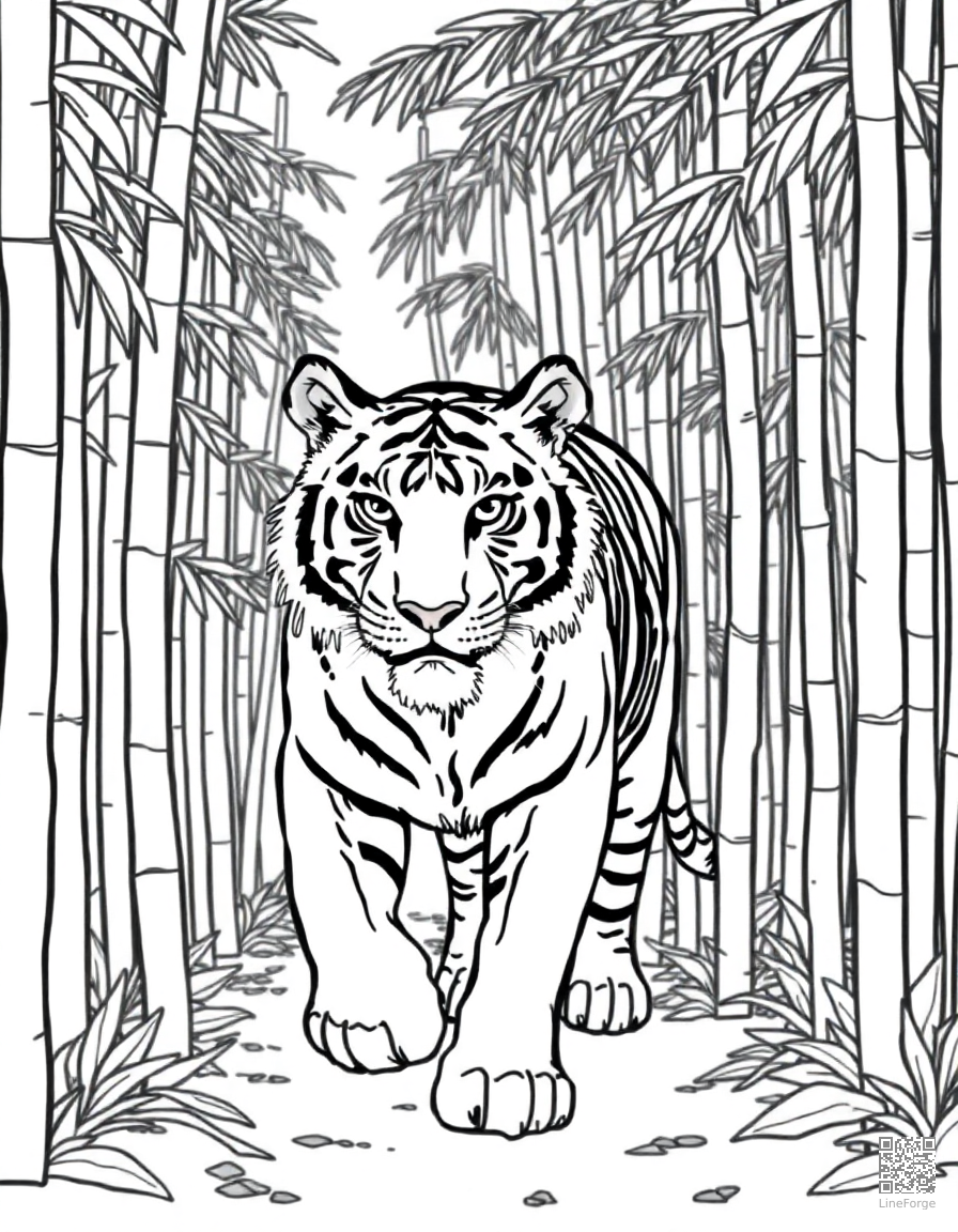 Free tiger walking through a bamboo forest coloring page in contour style — printable line art