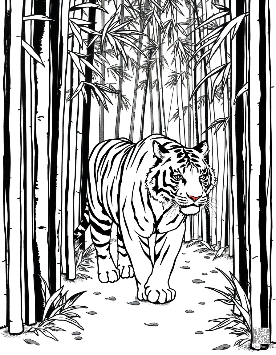 Free tiger walking through a bamboo forest coloring page in crosshatch style — printable line art