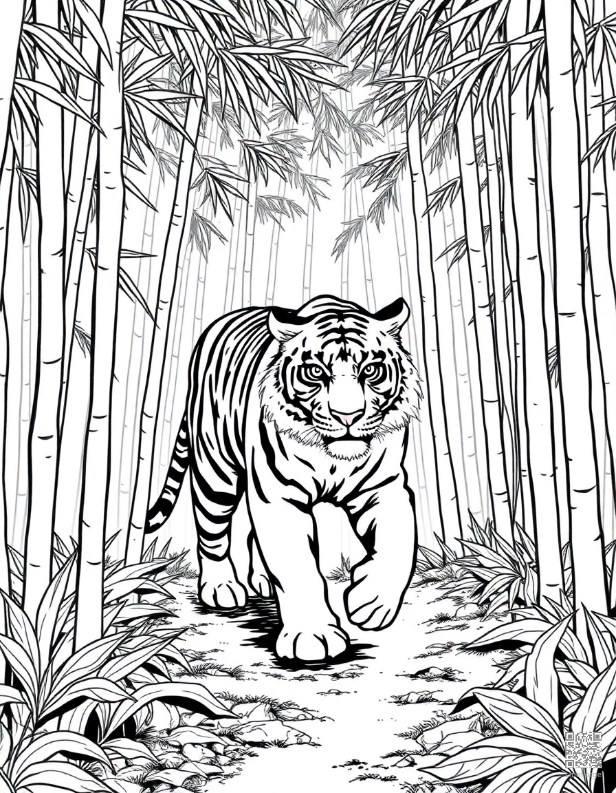 Free tiger walking through a bamboo forest coloring page in manga style — printable line art