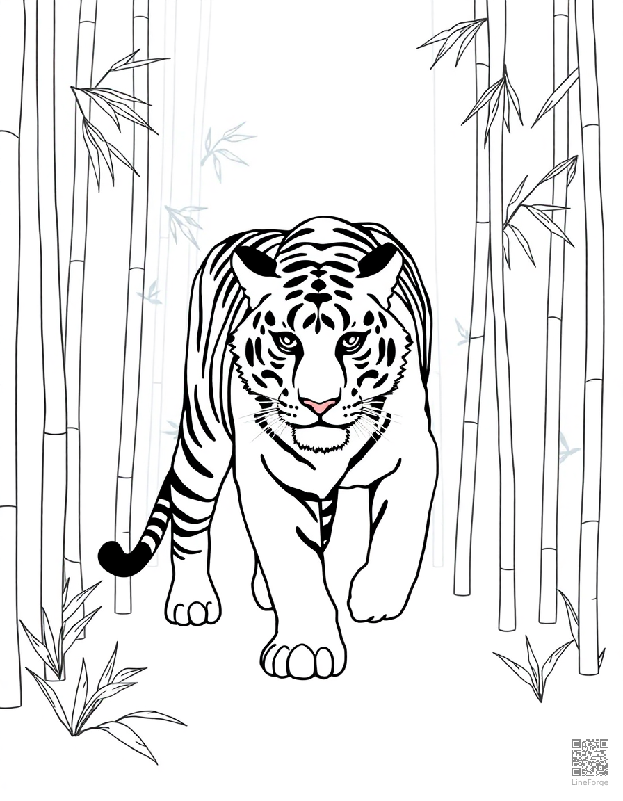 Free tiger walking through a bamboo forest coloring page in minimal style — printable line art