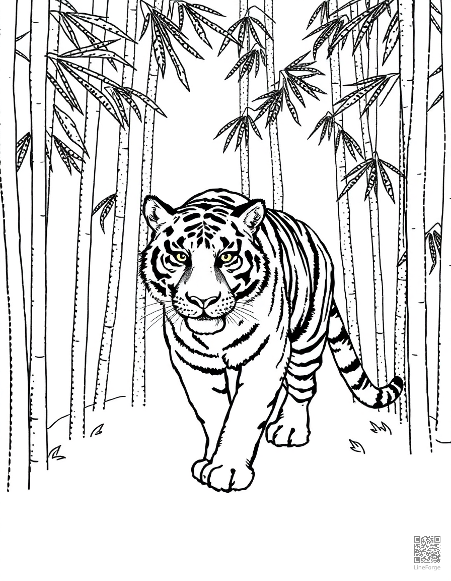 Free tiger walking through a bamboo forest coloring page in stipple style — printable line art