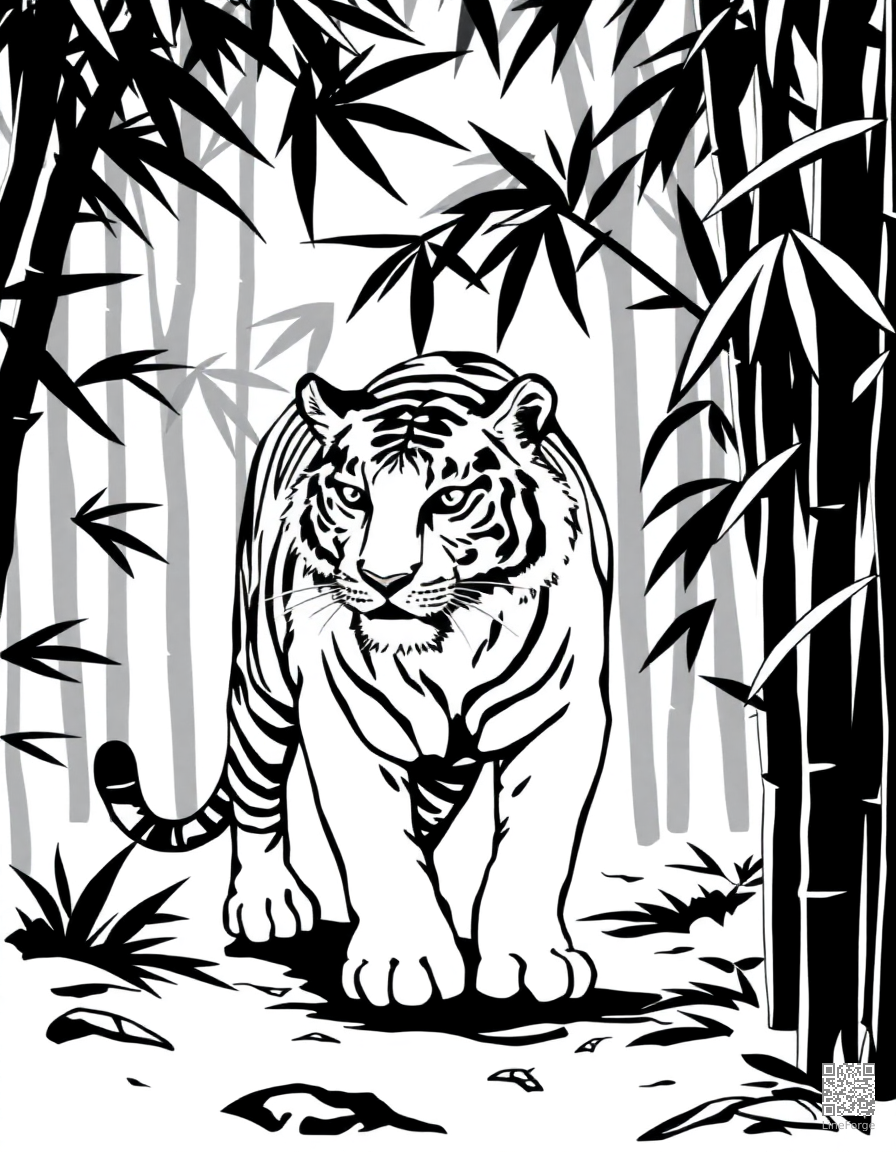 Free tiger walking through a bamboo forest coloring page in woodcut style — printable line art