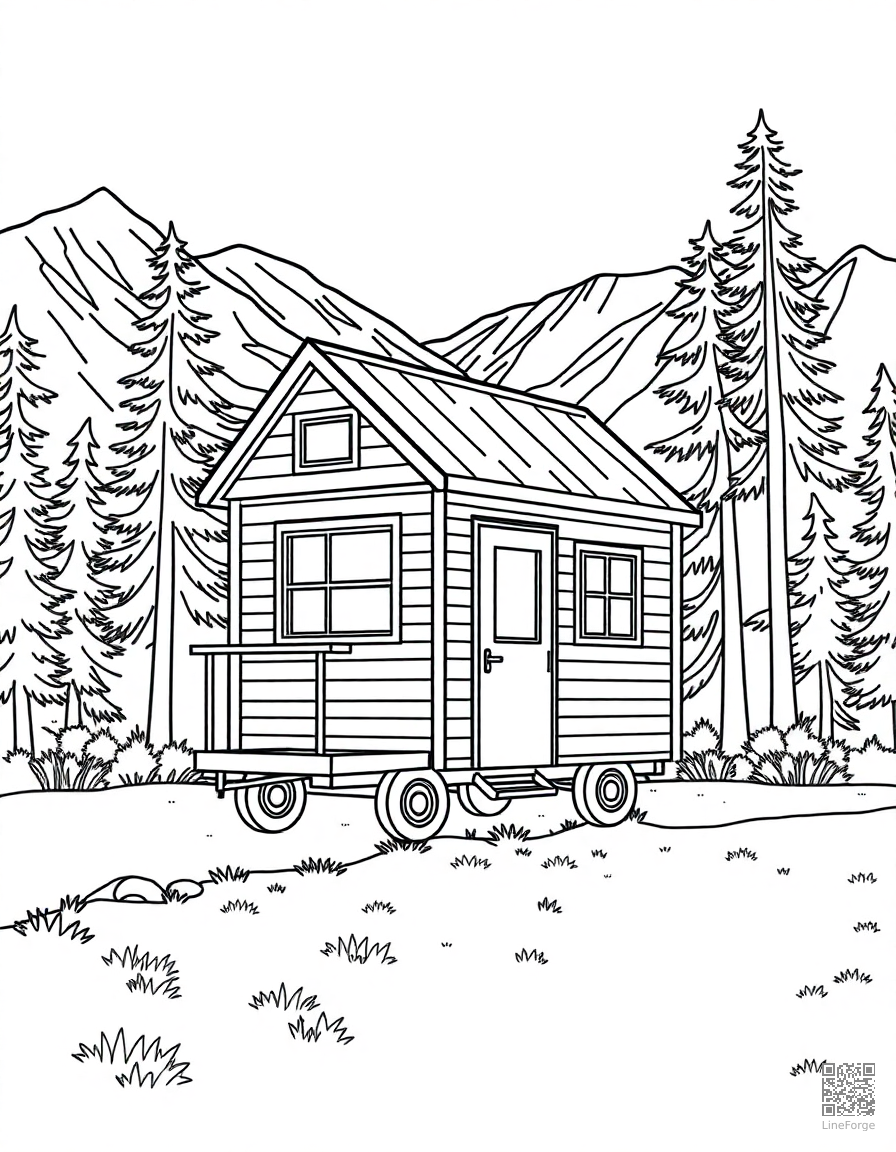tiny house on wheels in the mountains coloring page Contour style - free printable