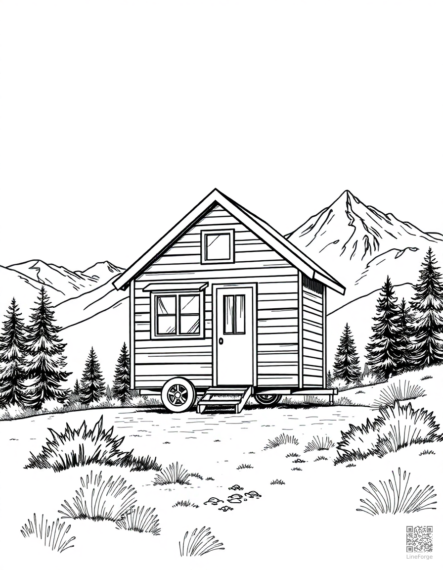 tiny house on wheels in the mountains coloring page Crosshatch style - free printable