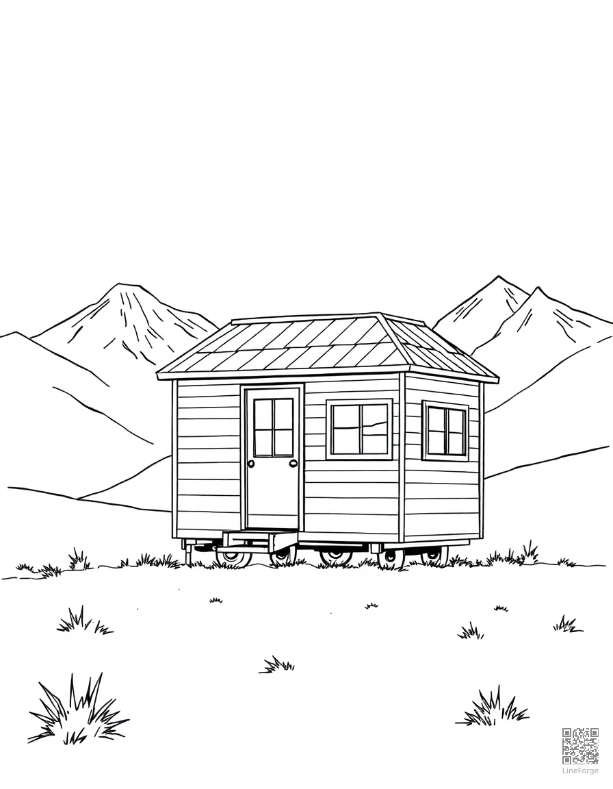 tiny house on wheels in the mountains coloring page Manga style - free printable