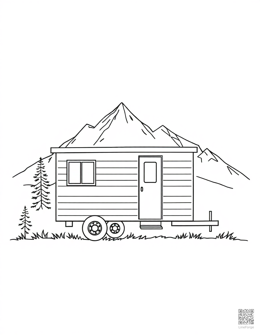 tiny house on wheels in the mountains coloring page Minimal style - free printable