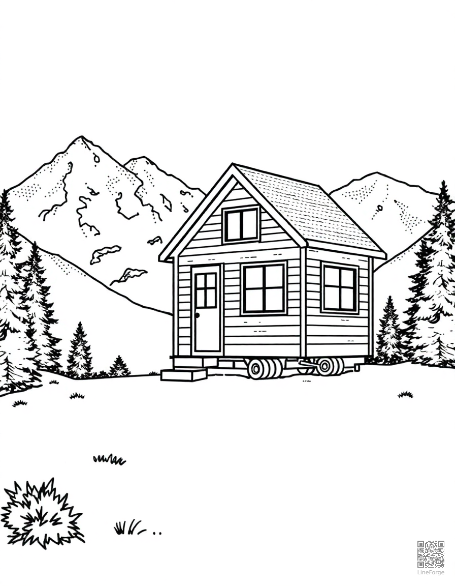 tiny house on wheels in the mountains coloring page Stipple style - free printable