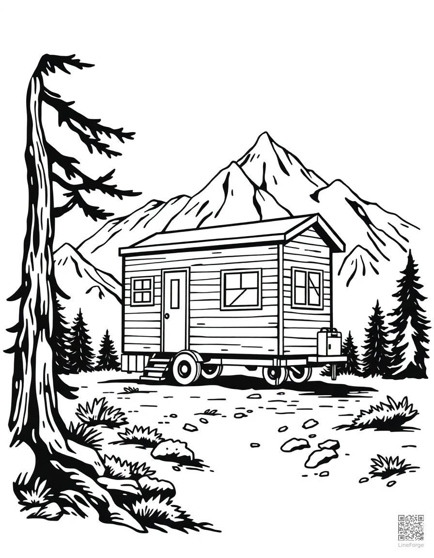 tiny house on wheels in the mountains coloring page Woodcut style - free printable