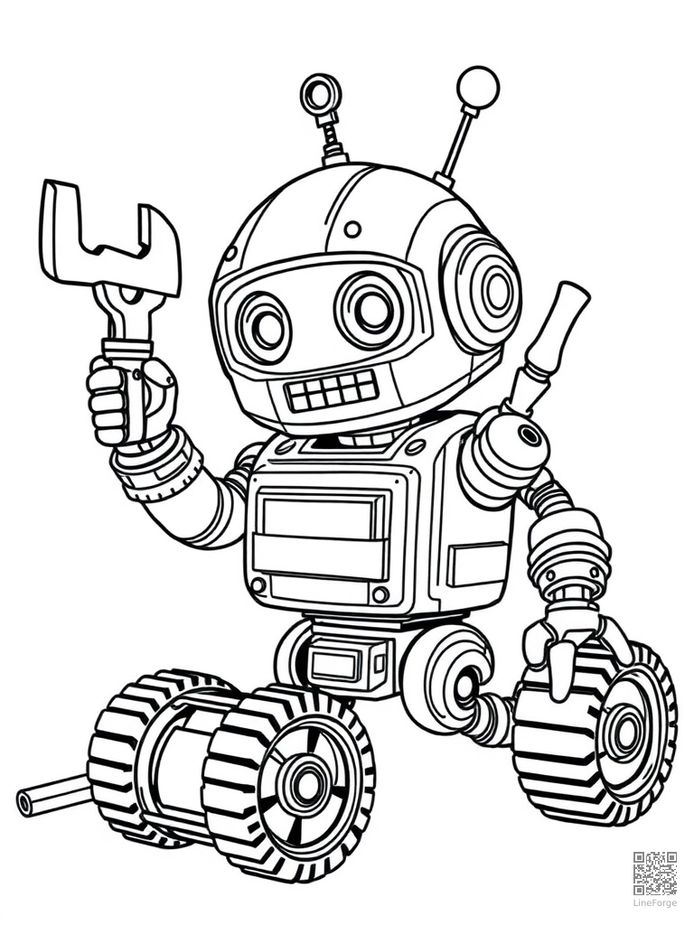 Tiny repair robot with tools and gadgets coloring page Contour style - free printable