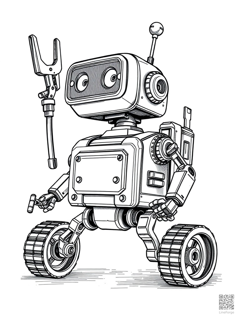 Tiny repair robot with tools and gadgets coloring page Crosshatch style - free printable