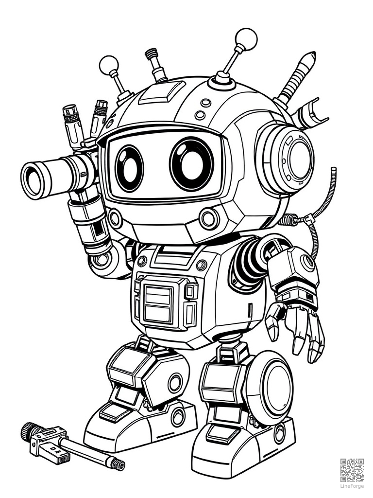 Tiny repair robot with tools and gadgets coloring page Manga style - free printable