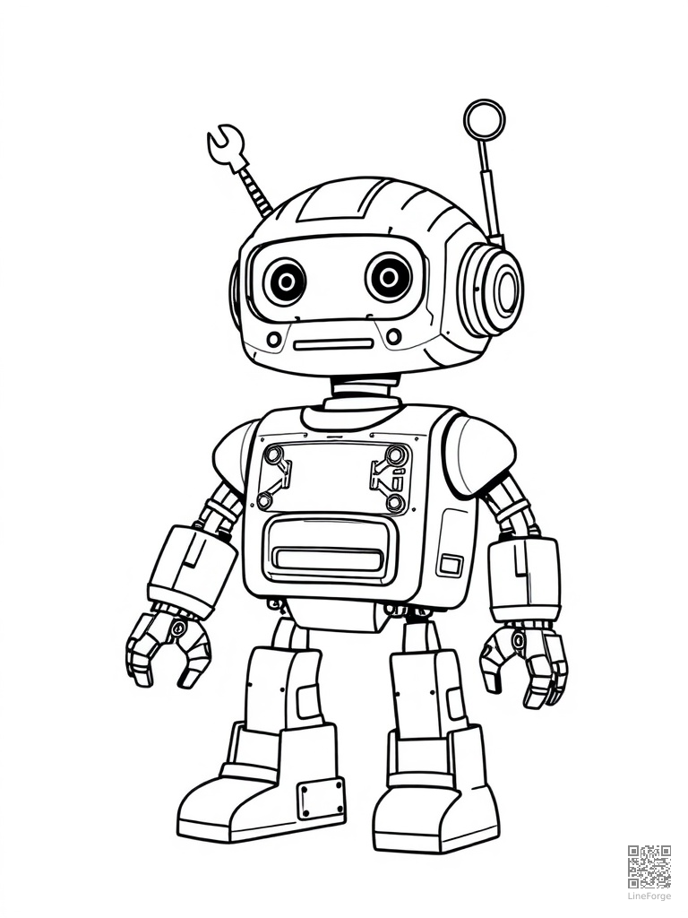 Tiny repair robot with tools and gadgets coloring page Minimal style - free printable