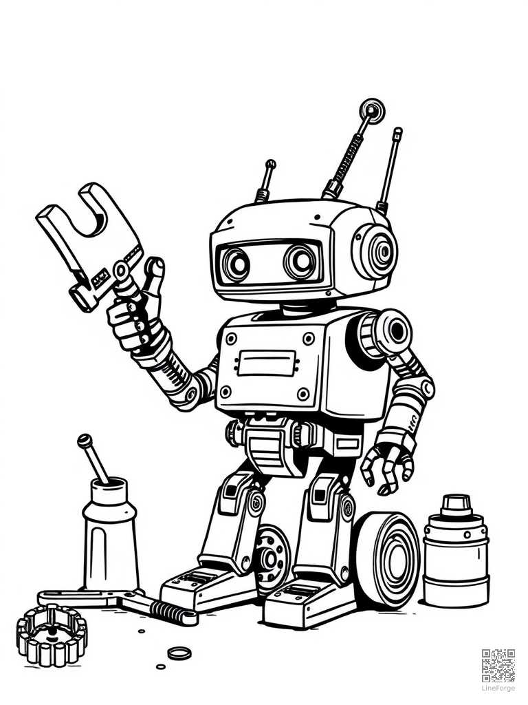 Tiny repair robot with tools and gadgets coloring page Woodcut style - free printable