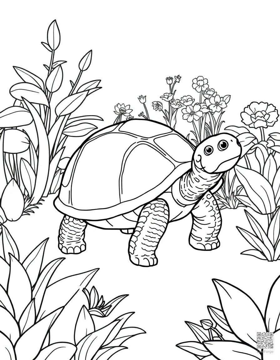 tortoise walking through a garden coloring page Contour style - free printable