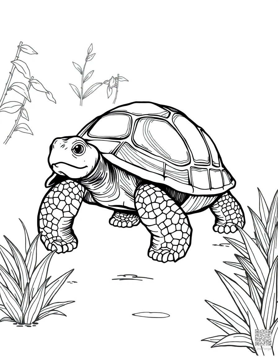 tortoise walking through a garden coloring page Crosshatch style - free printable