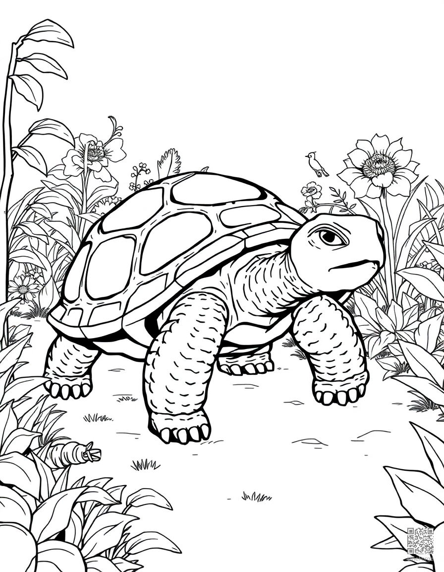 tortoise walking through a garden coloring page Manga style - free printable