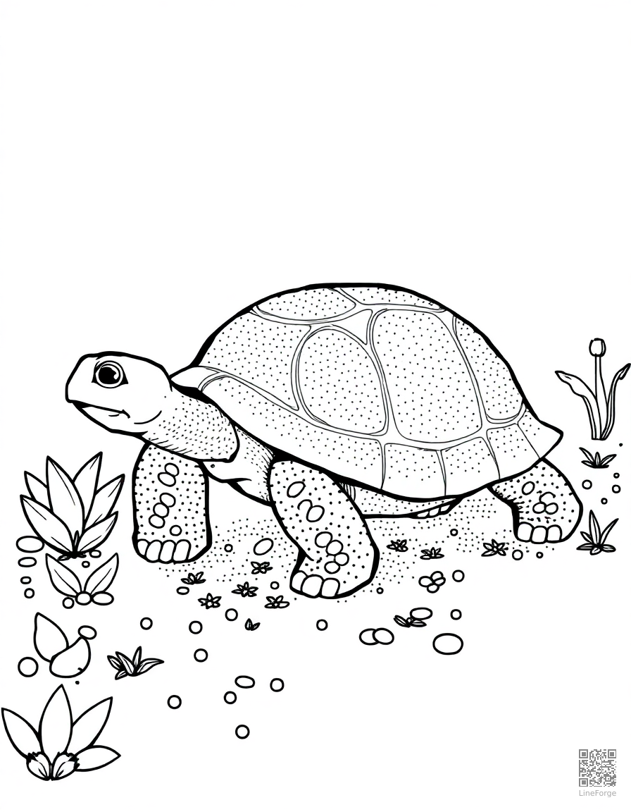 tortoise walking through a garden coloring page Stipple style - free printable