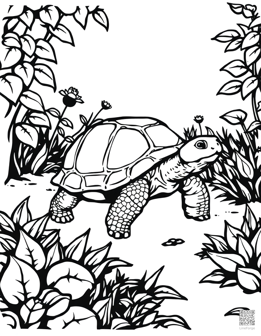 tortoise walking through a garden coloring page Woodcut style - free printable