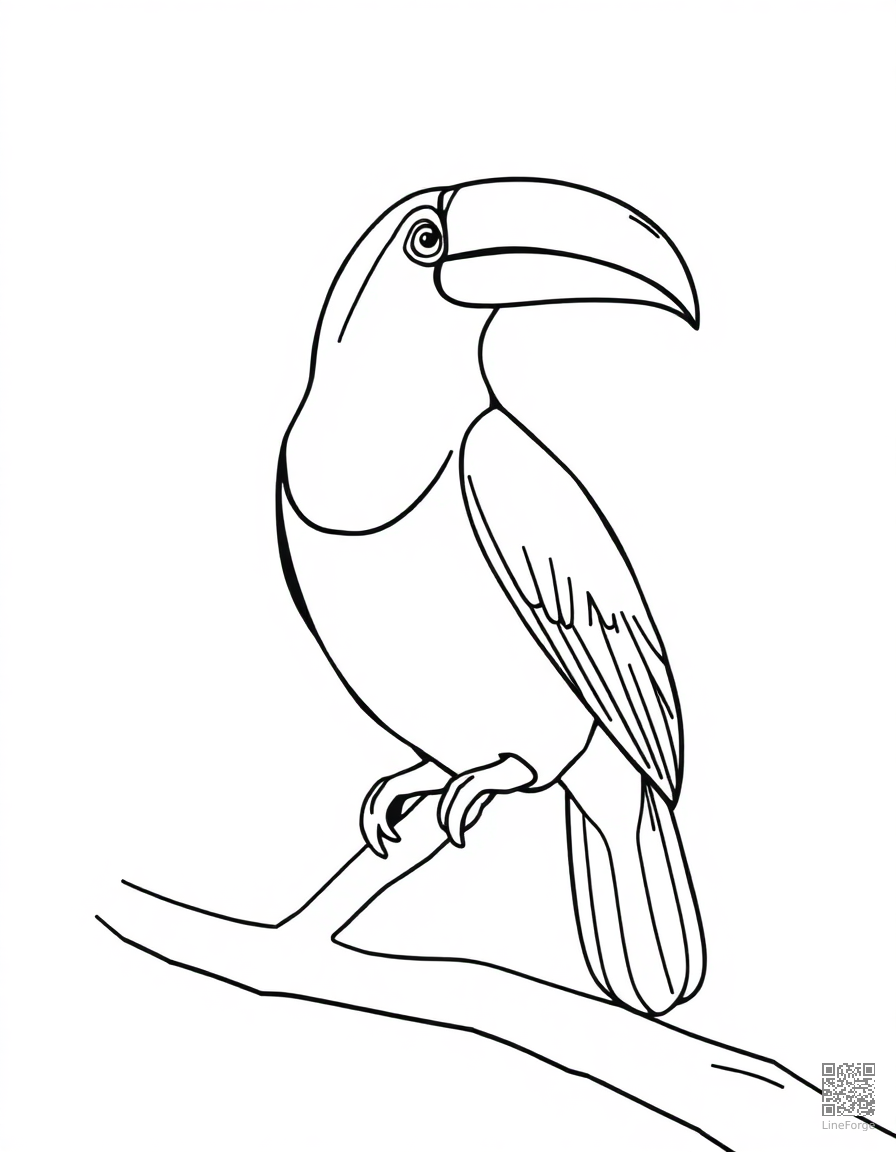 Free toucan sitting on a tropical branch coloring page in contour style — printable line art