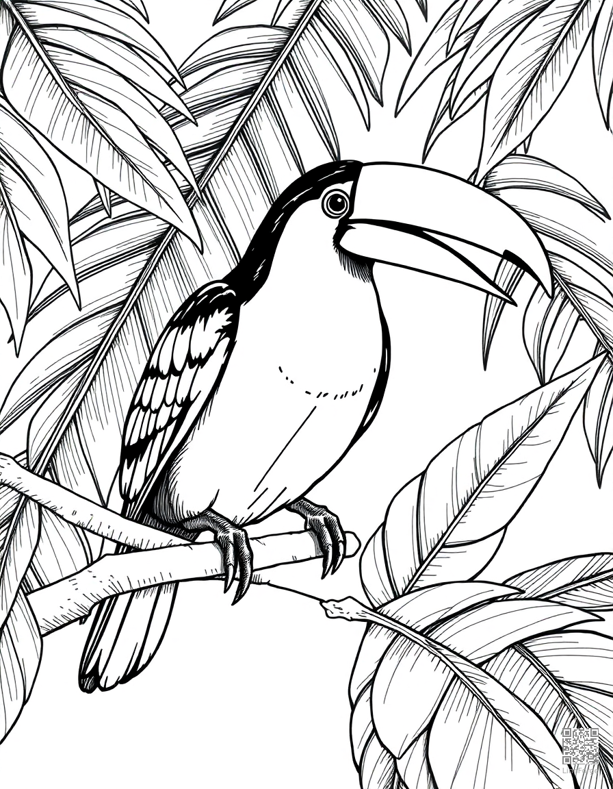 Free toucan sitting on a tropical branch coloring page in crosshatch style — printable line art
