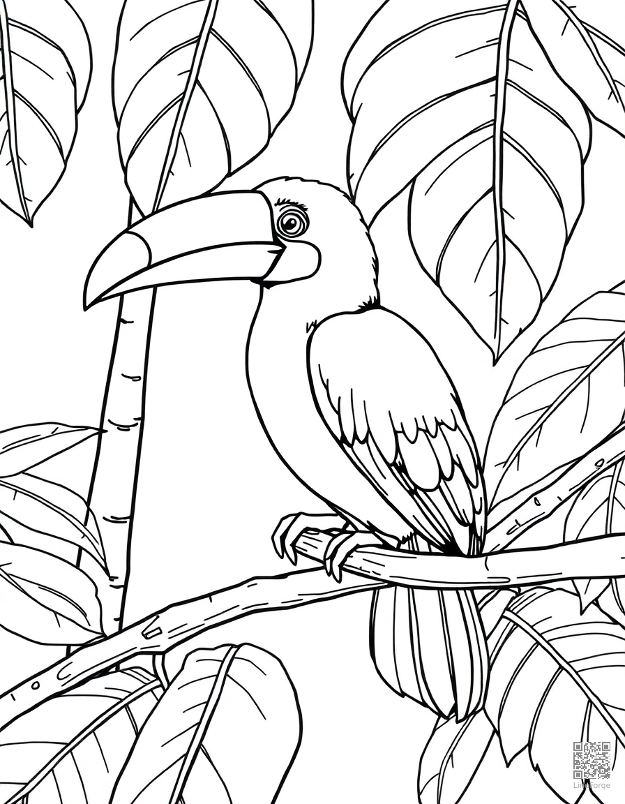 Free toucan sitting on a tropical branch coloring page in manga style — printable line art