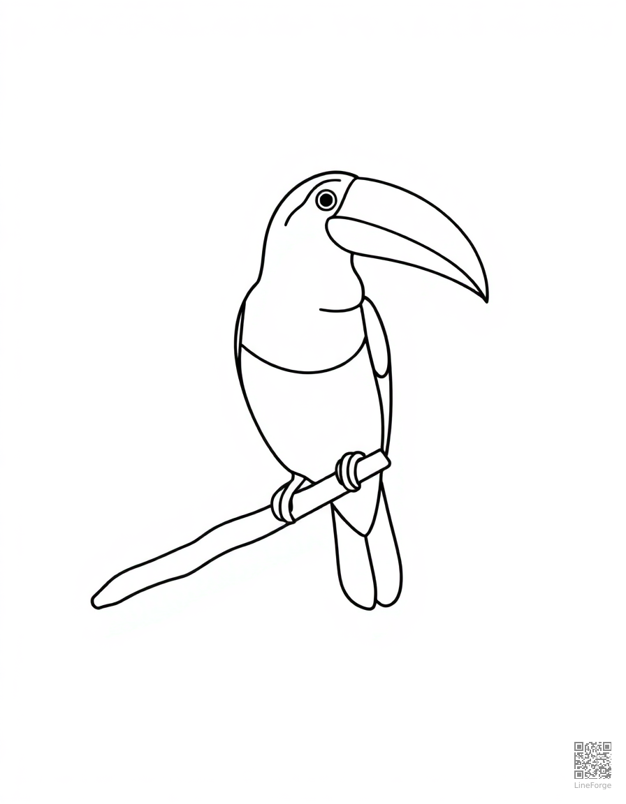 Free toucan sitting on a tropical branch coloring page in minimal style — printable line art