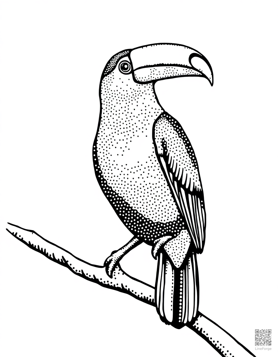 Free toucan sitting on a tropical branch coloring page in stipple style — printable line art