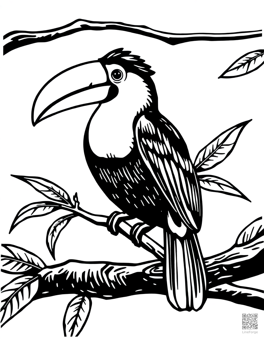 Free toucan sitting on a tropical branch coloring page in woodcut style — printable line art