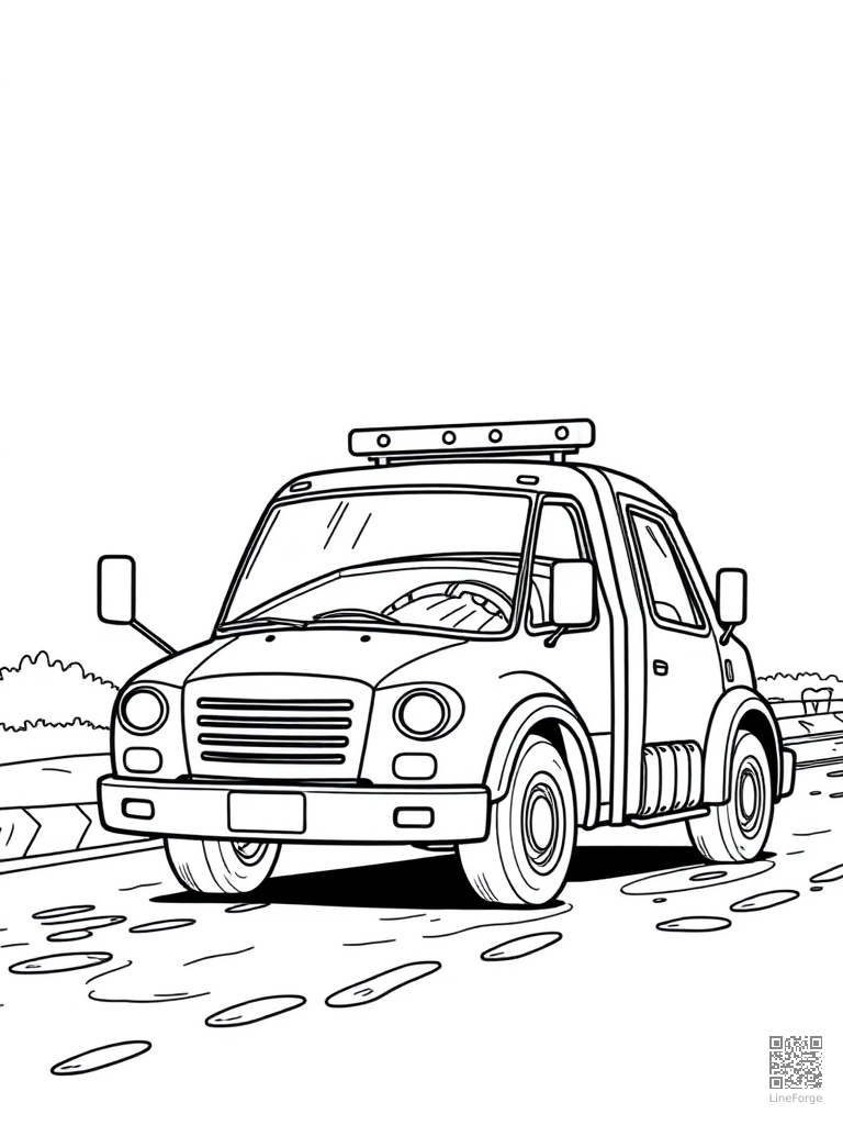 Free tow truck pulling a car on a rainy road coloring page in contour style — printable line art