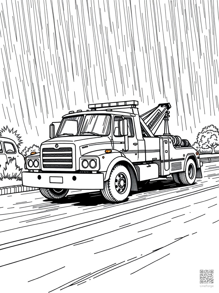 Free tow truck pulling a car on a rainy road coloring page in crosshatch style — printable line art