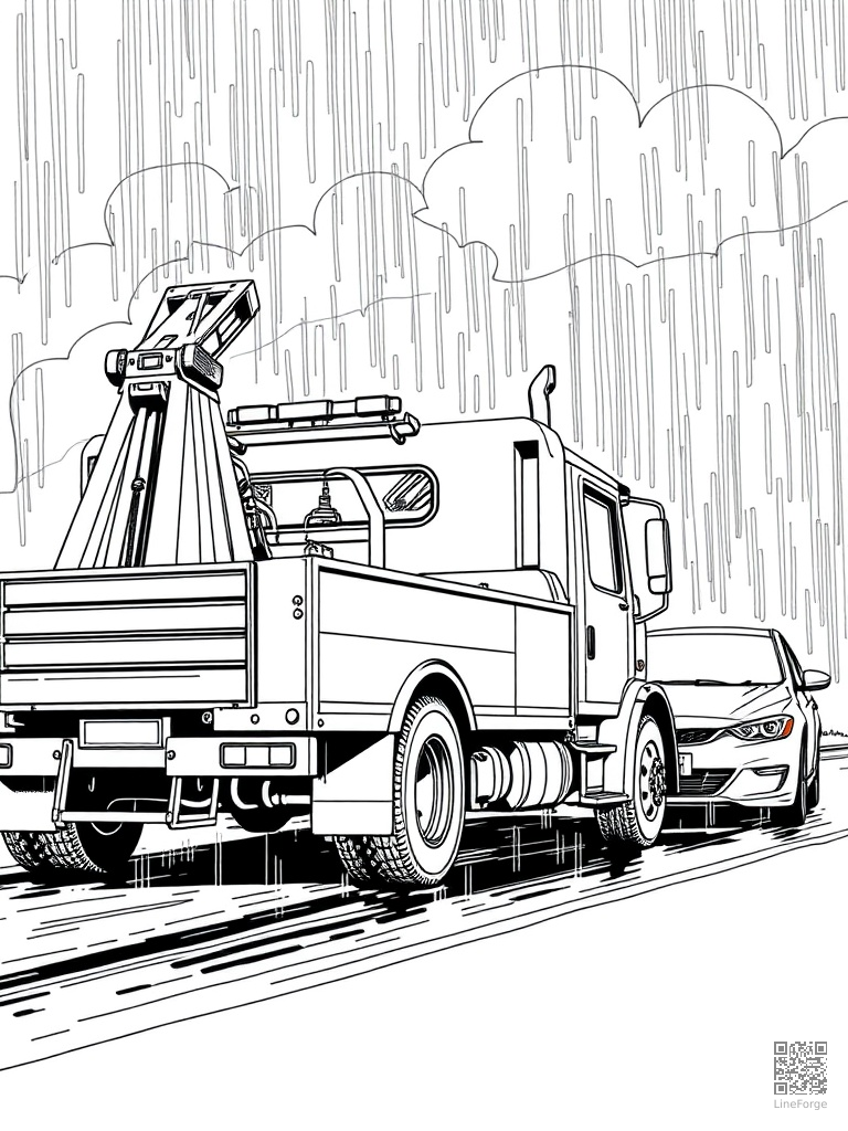 Free tow truck pulling a car on a rainy road coloring page in manga style — printable line art