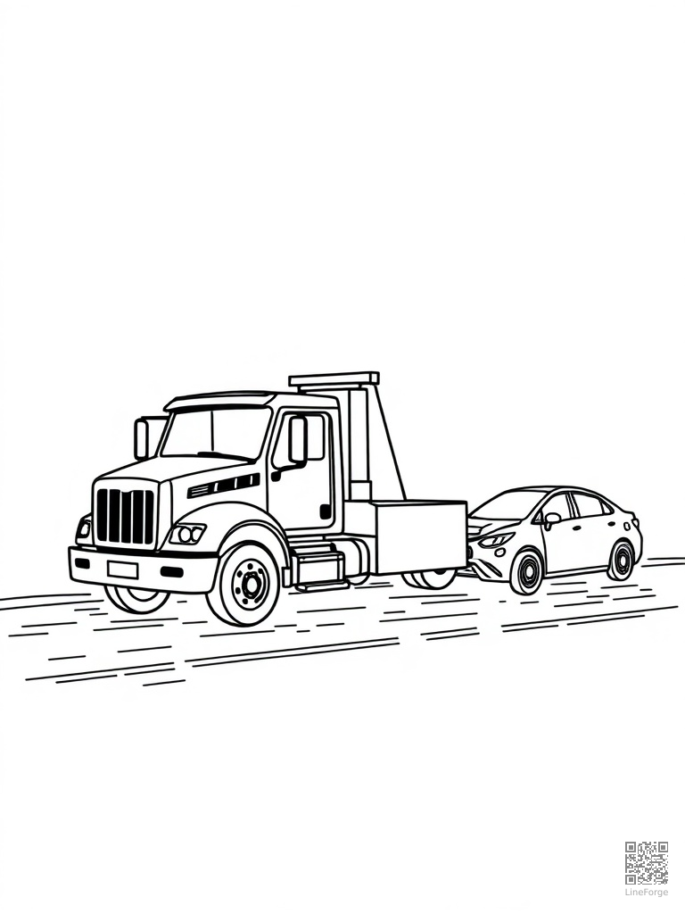 Free tow truck pulling a car on a rainy road coloring page in minimal style — printable line art