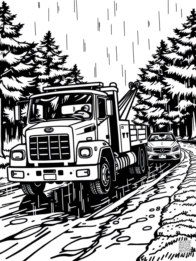 Free tow truck pulling a car on a rainy road coloring page in woodcut style — printable line art