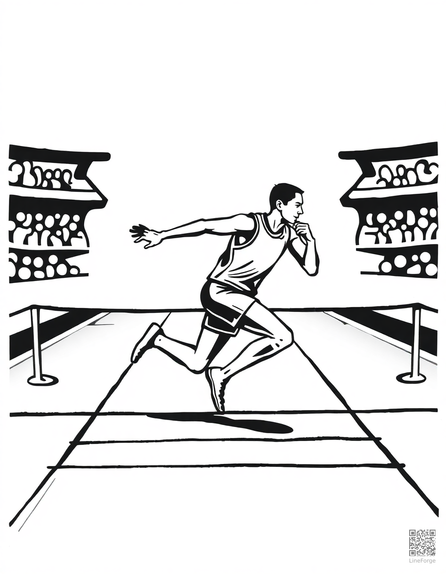 track runner crossing the finish line coloring page Woodcut style - free printable