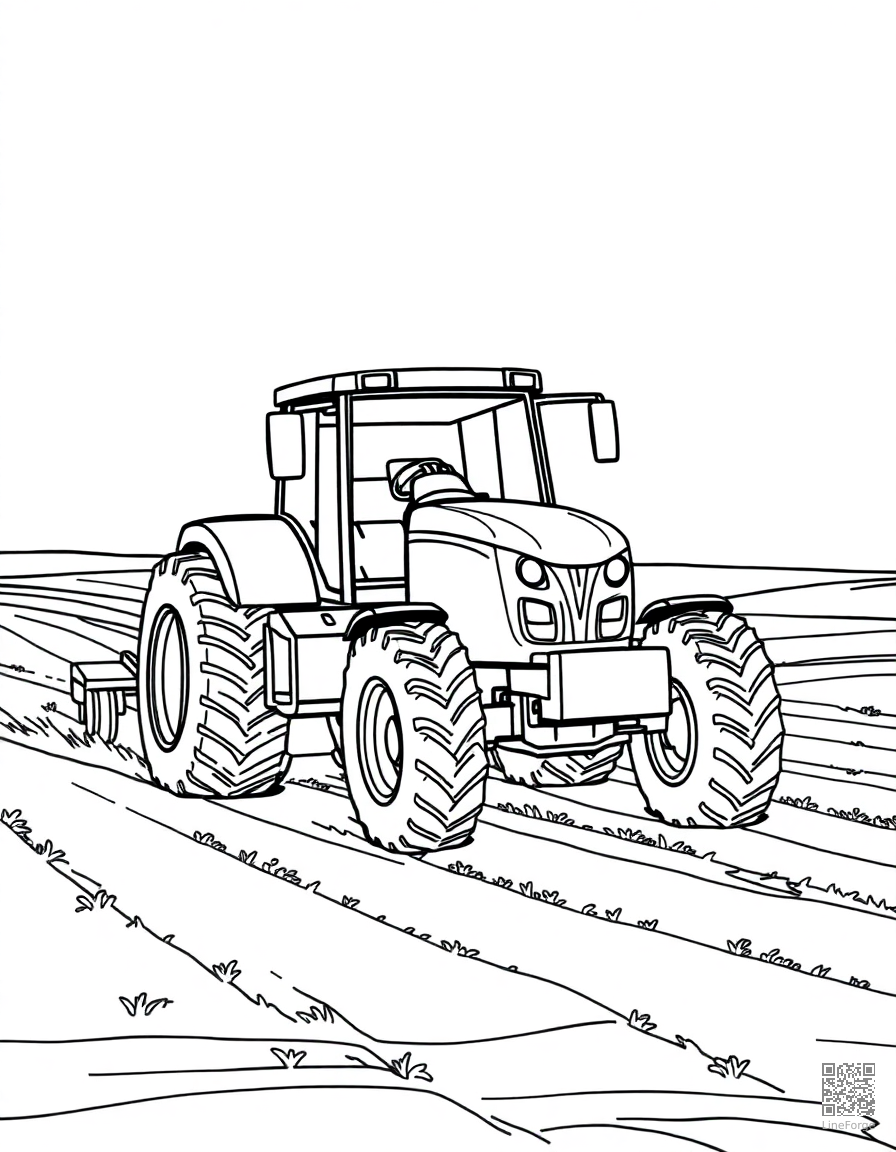 tractor plowing a farm field coloring page Contour style - free printable