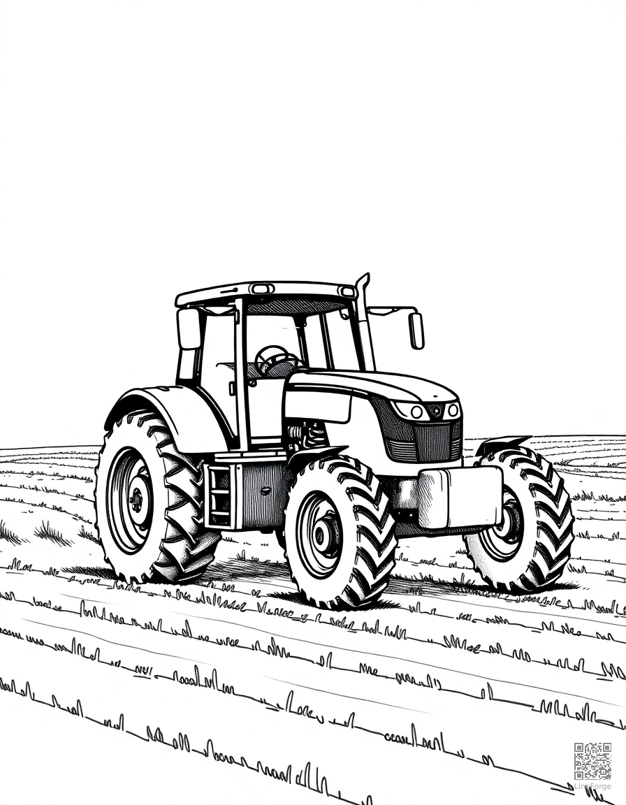 tractor plowing a farm field coloring page Crosshatch style - free printable