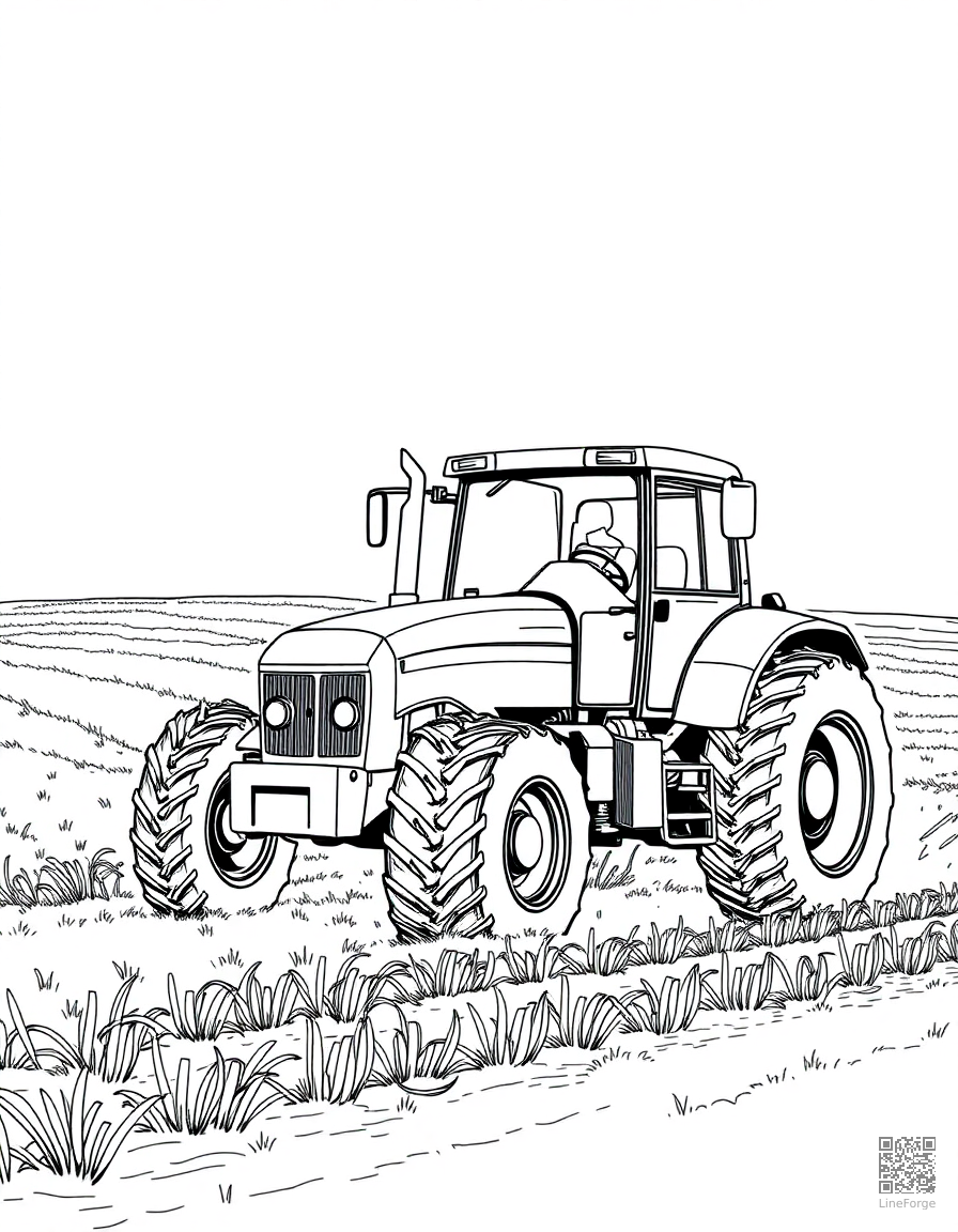 Free tractor plowing a farm field coloring page in manga style — printable line art