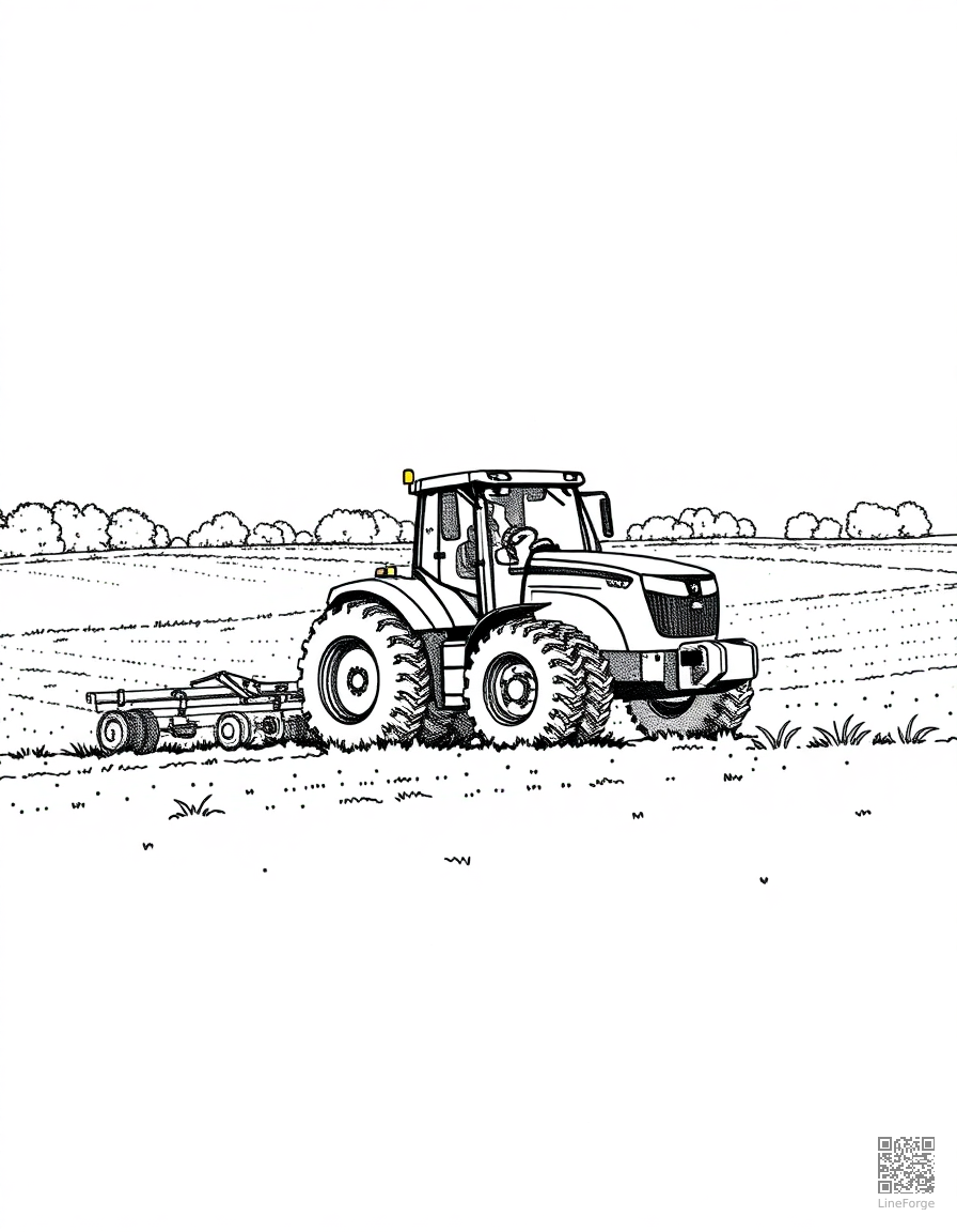 Free tractor plowing a farm field coloring page in stipple style — printable line art
