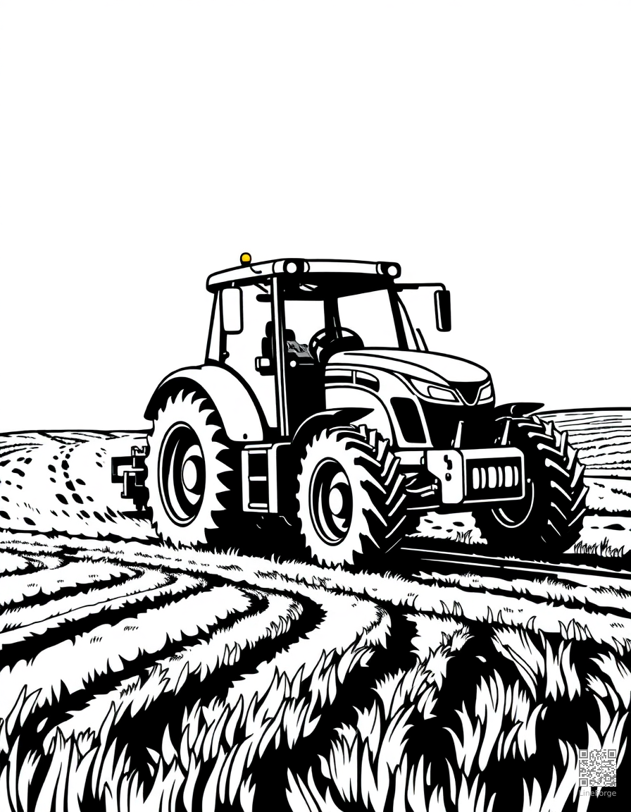 tractor plowing a farm field coloring page Woodcut style - free printable