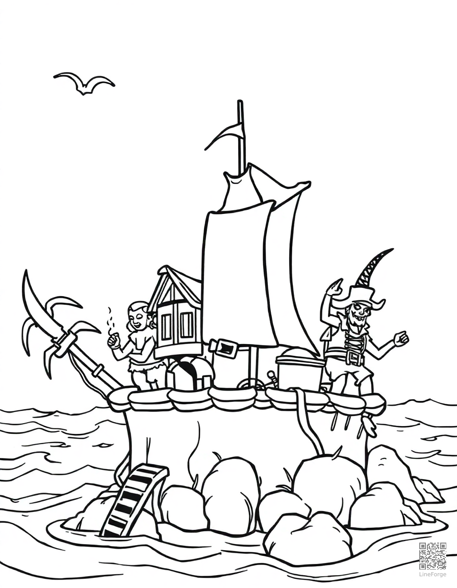 treasure island with pirates and map coloring page Contour style - free printable