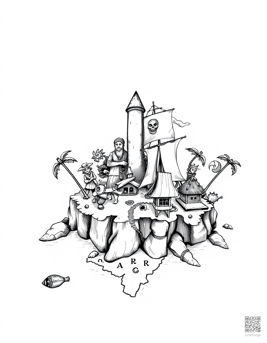 treasure island with pirates and map coloring page Crosshatch style - free printable