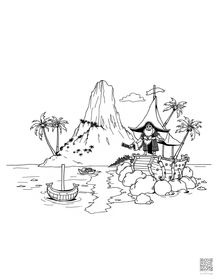 treasure island with pirates and map coloring page Manga style - free printable