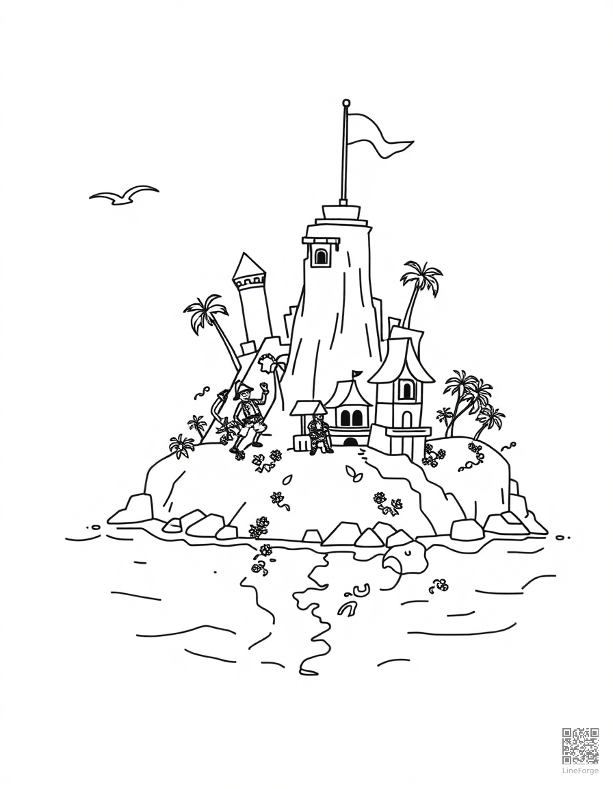 treasure island with pirates and map coloring page Minimal style - free printable