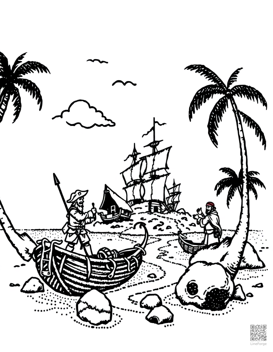 treasure island with pirates and map coloring page Stipple style - free printable