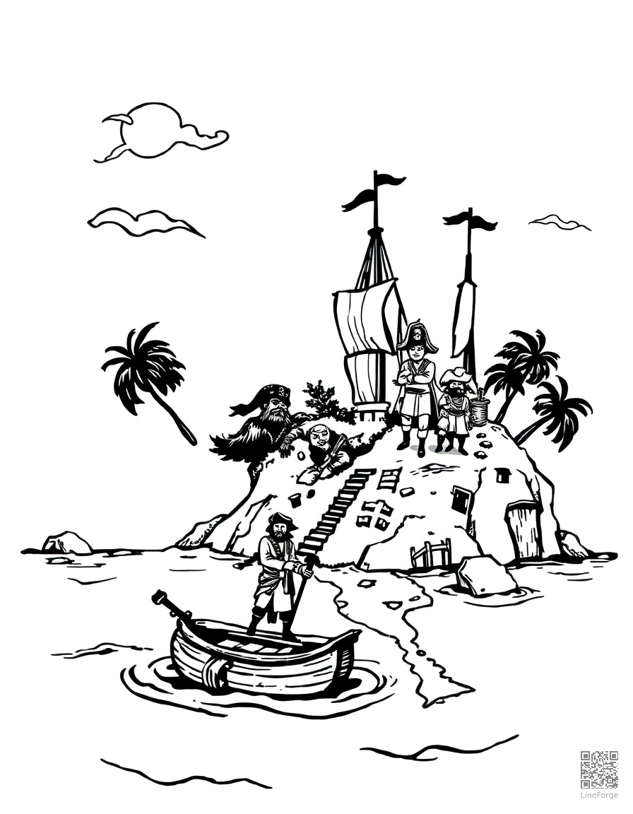 treasure island with pirates and map coloring page Woodcut style - free printable
