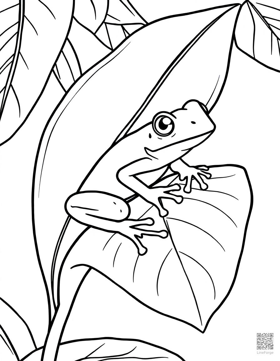 Free tree frog on a colorful tropical leaf coloring page in contour style — printable line art